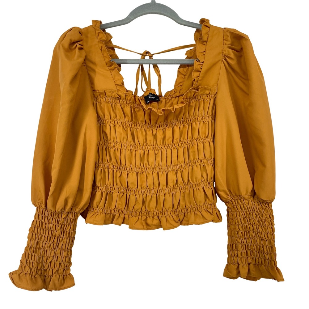 Milk & Honey Small Smocked Crop Top Mustard Yellow Puff Sleeve Ruffle Women